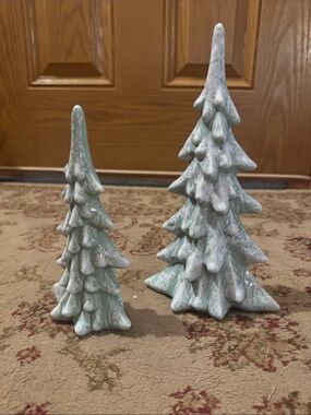 Hobby Lobby Ceramic Pine Tree Pair - Mint Green with White Glaze 7 1/2 and 10”